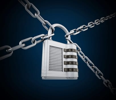 Chained padlock on dark blue background. 3D illustration.