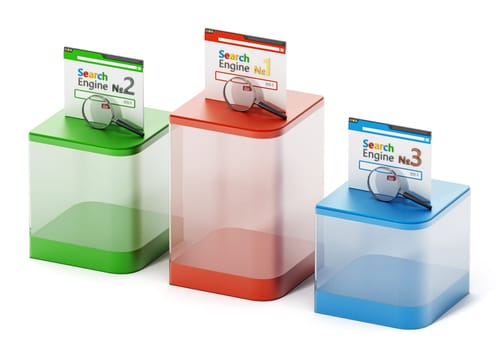 Symbolic ranking of three search engines. 3D illustration.