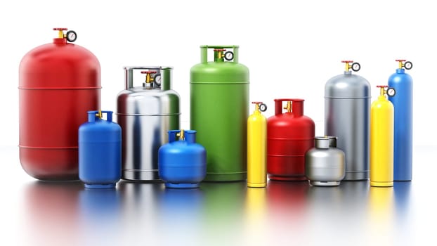 Multi-colored gas cylinders isolated on white background. 3D illustration.