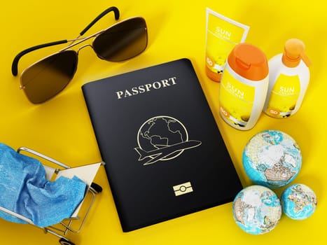 Passport, sunglasses, sunbed, sun cream and towel 3D illustration