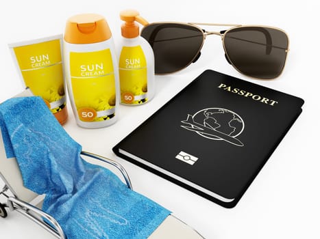 Passport, sunglasses, sunbed, sun cream and towel 3D illustration