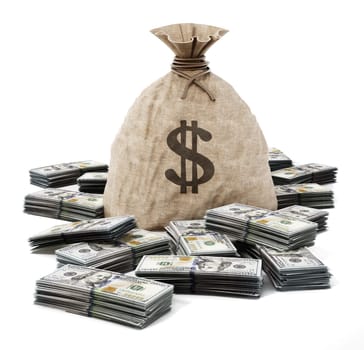 Money sacks with bills and dollar icon. 3D illustration.