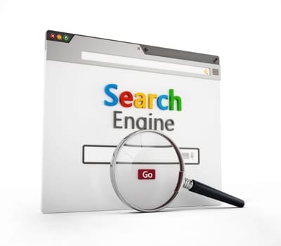 Magnifying glass on fictitious search engine website. 3D illustration.