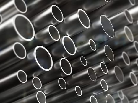 Large group of steel tubes. 3D illustration.