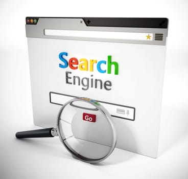 Magnifying glass on fictitious search engine website. 3D illustration.