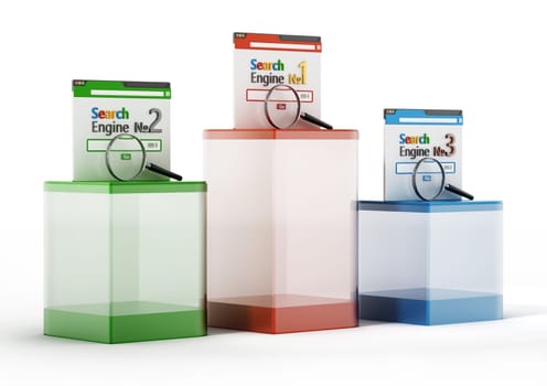 Symbolic ranking of three search engines. 3D illustration.