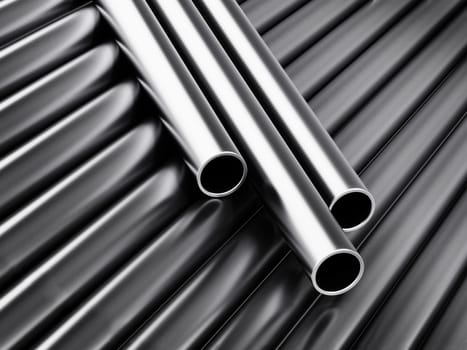 Large group of steel tubes. 3D illustration.