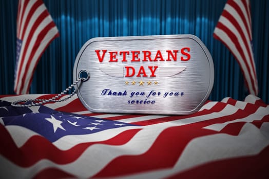Veterans Day dogtag standing on American flag. 3D illustration.