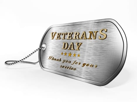 Veterans Day dogtag standing on American flag. 3D illustration.
