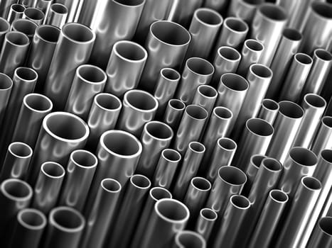 Large group of steel tubes. 3D illustration.