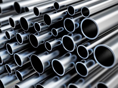 Large group of steel tubes. 3D illustration.