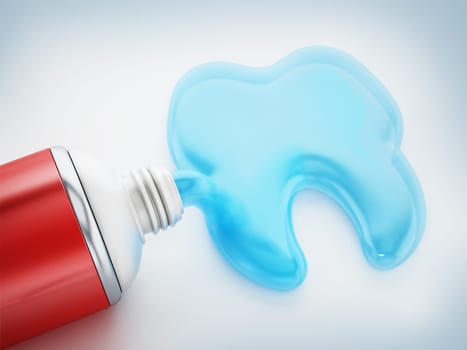 Toothpaste coming out of tube forms a tooth. 3D illustration.