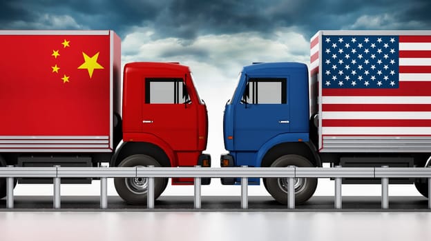 Trucks with USA and China flags come across in narrow road. 3D illustration.