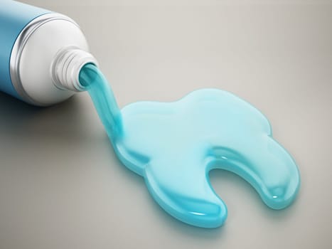 Toothpaste coming out of tube forms a tooth. 3D illustration.