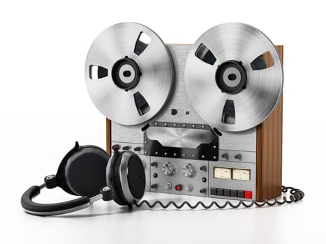 Recording machine and headphones isolated on white background. 3D illustration.