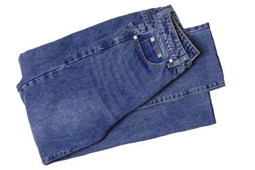 Woman jeans isolated. Folded trendy stylish female blue jeans trousers isolated on a white background. Fashionable denim pants for women.