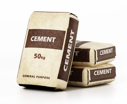 Cement bags with generic package design isolated on white background. 3D illustration.