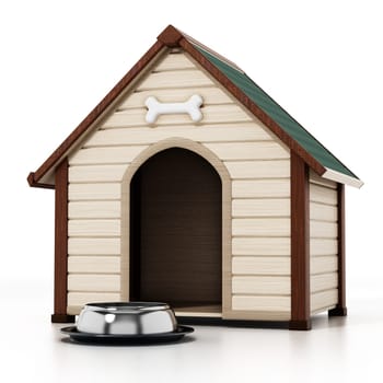 Doghouse and food bowl isolated on white background. 3D illustration.