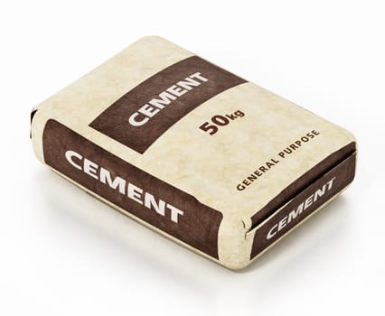 Cement bag with generic package design isolated on white background. 3D illustration.