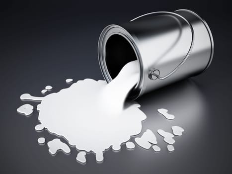 Open metal paint can with spilled white paint.. 3D illustration.