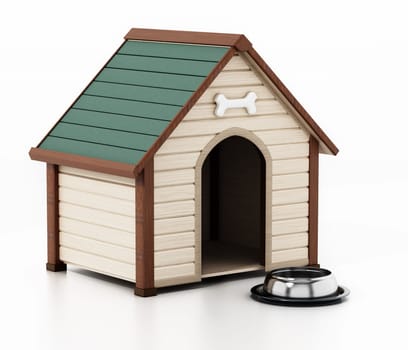Doghouse and food bowl isolated on white background. 3D illustration.