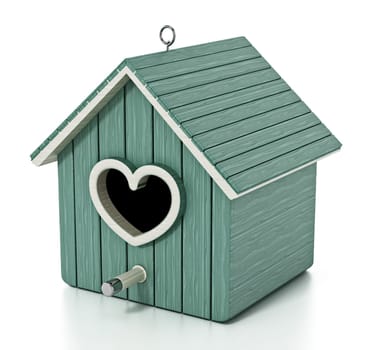 Bird house with heart shaped door. 3D illustration.