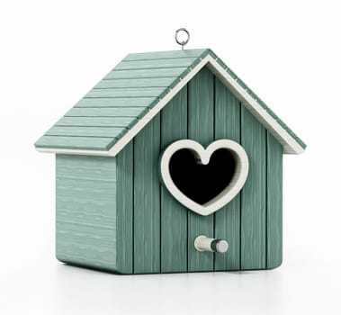 Bird house with heart shaped door. 3D illustration.