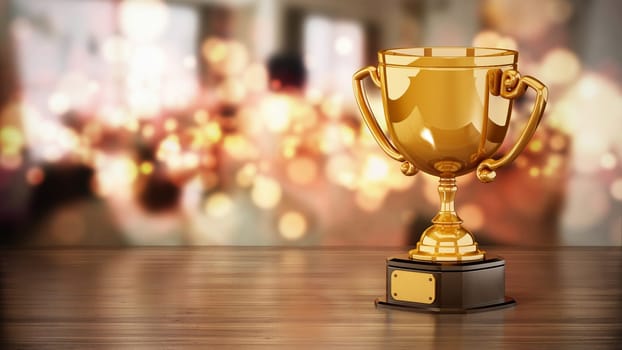 Gold cup standing on wooden table against bokeh background. 3D illustration.