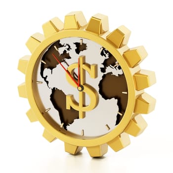Gear shaped clock with dollar sign. Earth map at the center. 3D illustration.
