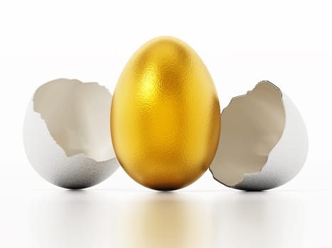 Golden egg inside regular white egg shell. 3D illustration.