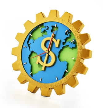 Gear shaped clock with dollar sign. Earth map at the center. 3D illustration.