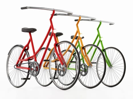 Red, yellow and green bicycles isolated on white background. 3D illustration.
