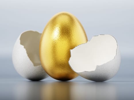 Golden egg inside regular white egg shell. 3D illustration.