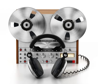 Recording machine and headphones isolated on white background. 3D illustration.