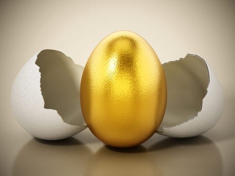 Golden egg inside regular white egg shell. 3D illustration.