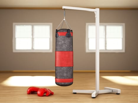 Boxing sandbag hanging on the chain inside a room. 3D illustration.