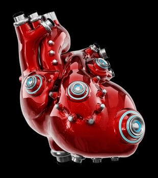 Artificial mechanic red heart isolated on black. 3D illustration.