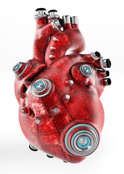 Artificial mechanic red heart isolated on white. 3D illustration.