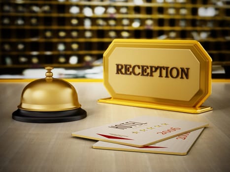 Hotel key card, bell and reception sign on hotel front desk. 3D illustration.