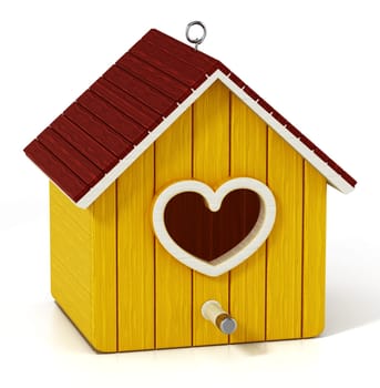Bird house with heart shaped door. 3D illustration.