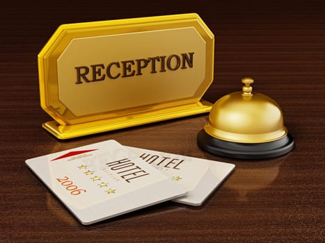 Hotel key card, bell and reception sign on hotel front desk. 3D illustration.