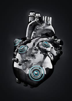 Artificial mechanic chrome heart isolated on black. 3D illustration.