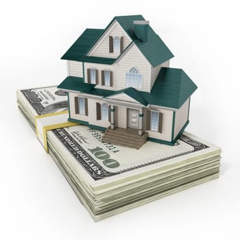 House standing on lots of 100 dollar bills. 3D illustration.