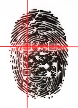 Generic QR code inside fingerprint being scanned. 3D illustration.