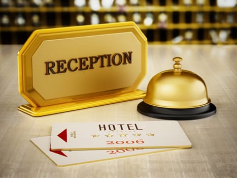 Hotel key card, bell and reception sign on hotel front desk. 3D illustration.