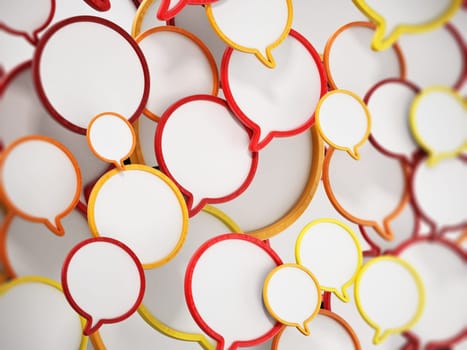 Red, yellow, and orange speech balloons forming a background. 3D illustration.