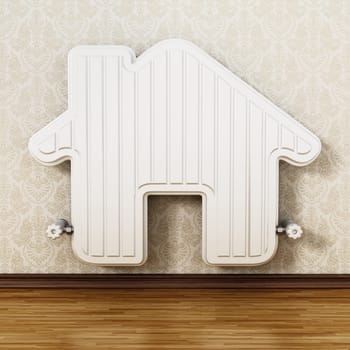 House shaped radiator hanging on the wall. 3D illustration.