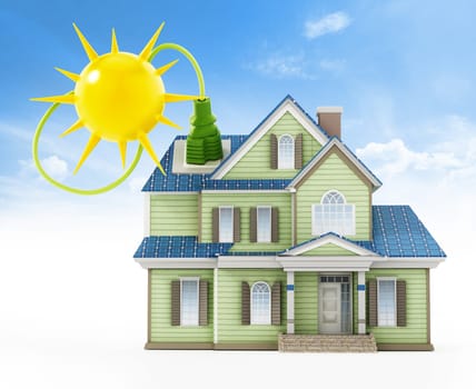 Luxury house covered with solar panels colllecting sunbeam. 3D illustration.