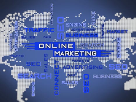 Online marketing crossword with world map background. 3D illustration.
