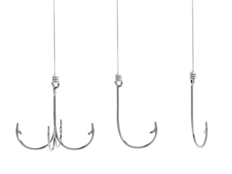 Fishing hooks isolated on white background. 3D illustration.